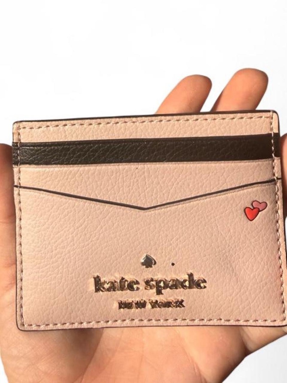 kate spade Minnie Mouse Blush Pink Cardholder with dark Trim and Red Heart